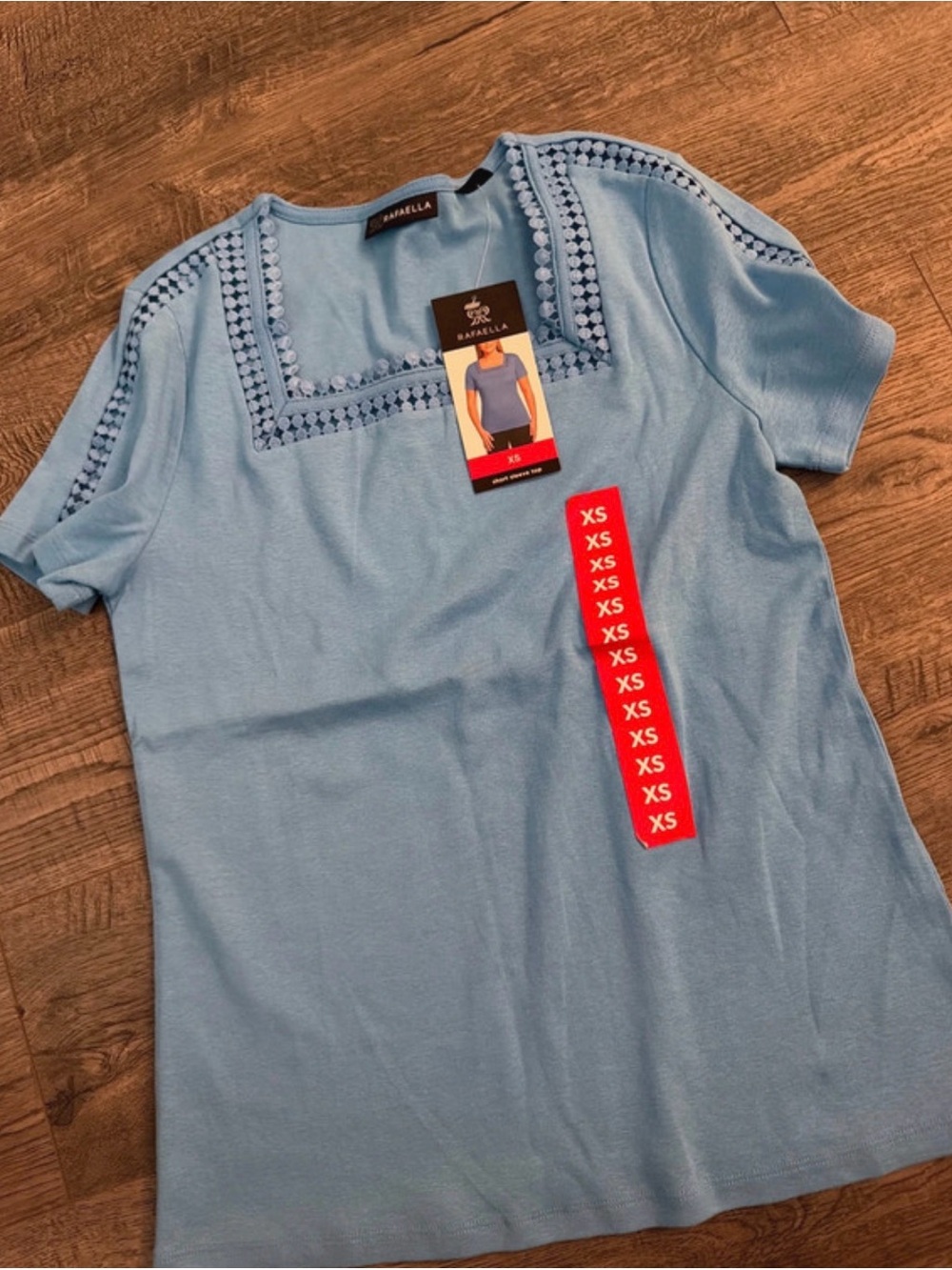 Rafaella Light Blue Short Sleeve Square Neck Top with Eyelet Trim